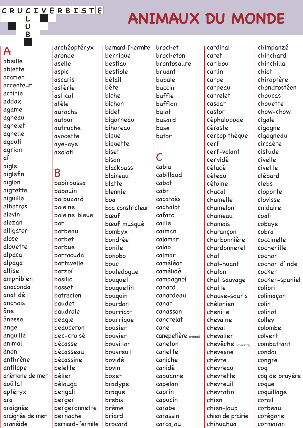 Le Notre S'appelle Mon Animal Mots Fléchés animaux - Cruciverbiste.club